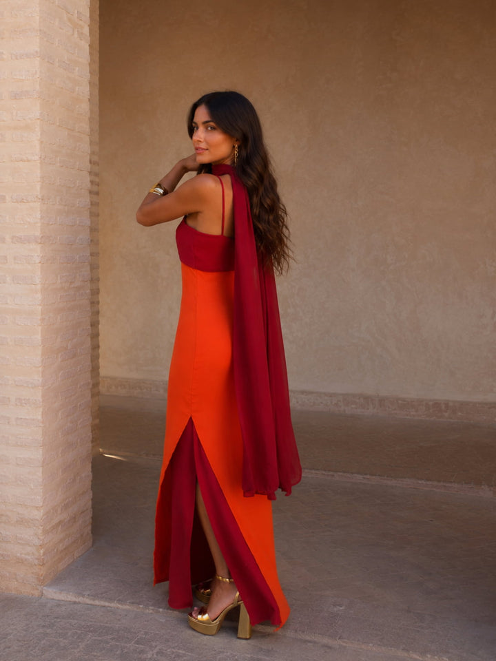 Bicolored Draped Long Dress