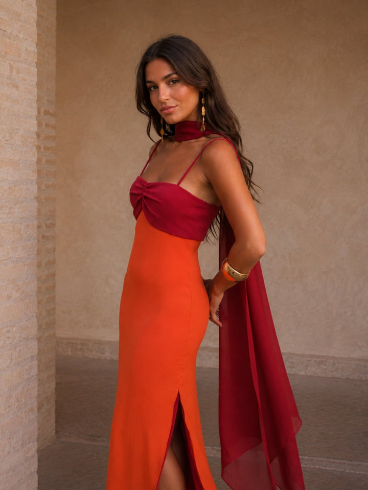 Bicolored Draped Long Dress
