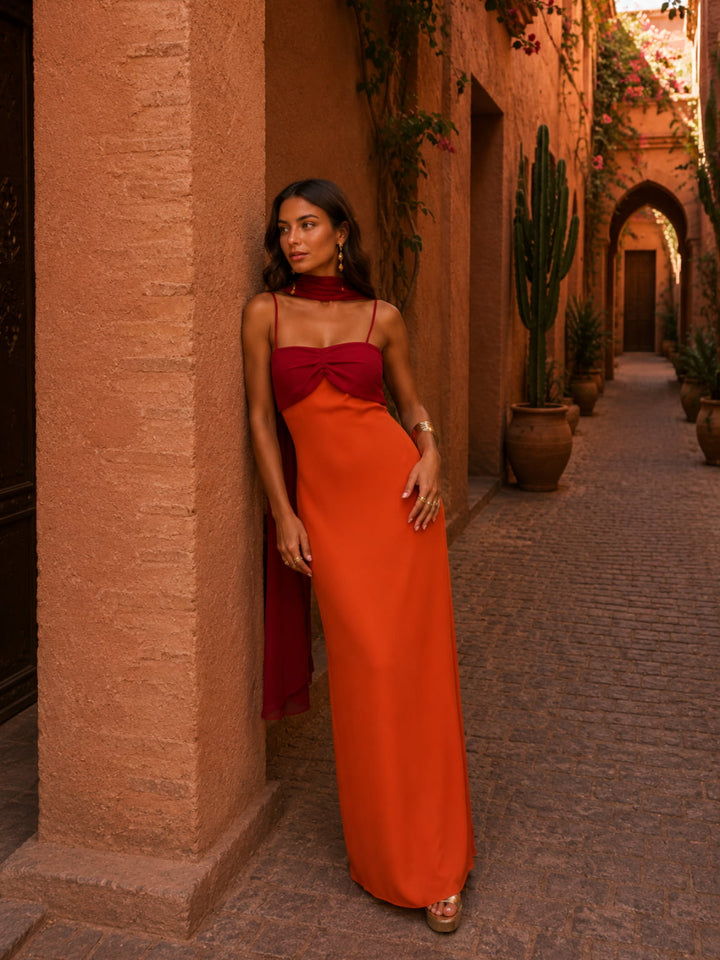 Bicolored Draped Long Dress