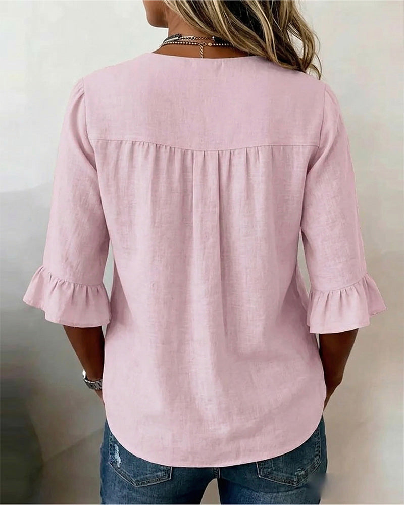 Sophia | Solid Color Cotton-Linen Blouse with Wooden Buttons and Ruffles