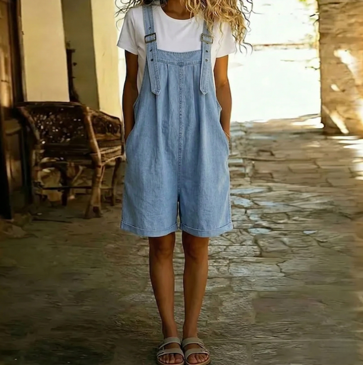 Isabel - Short Denim Jumpsuit with Soft Cotton Look and Vintage Wash Light Blue