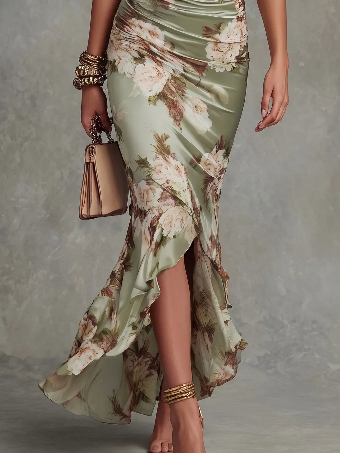 Floral Satin Ruched Maxi Dress with Ruffle Hem