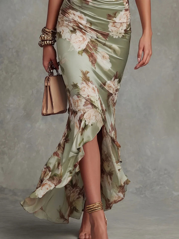 Floral Satin Ruched Maxi Dress with Ruffle Hem