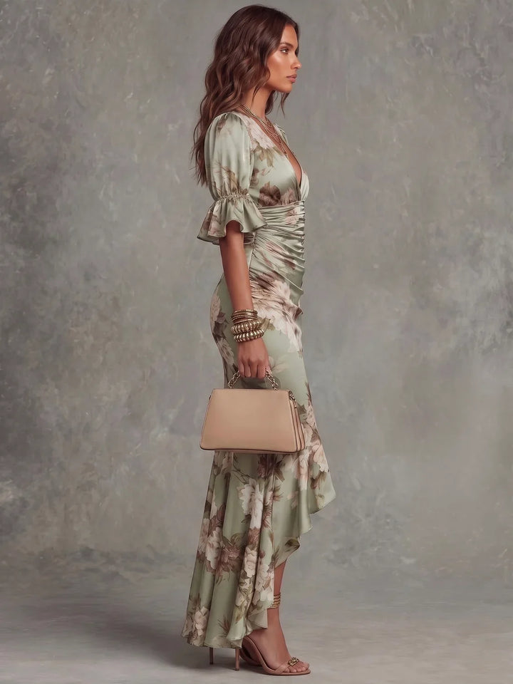 Floral Satin Ruched Maxi Dress with Ruffle Hem