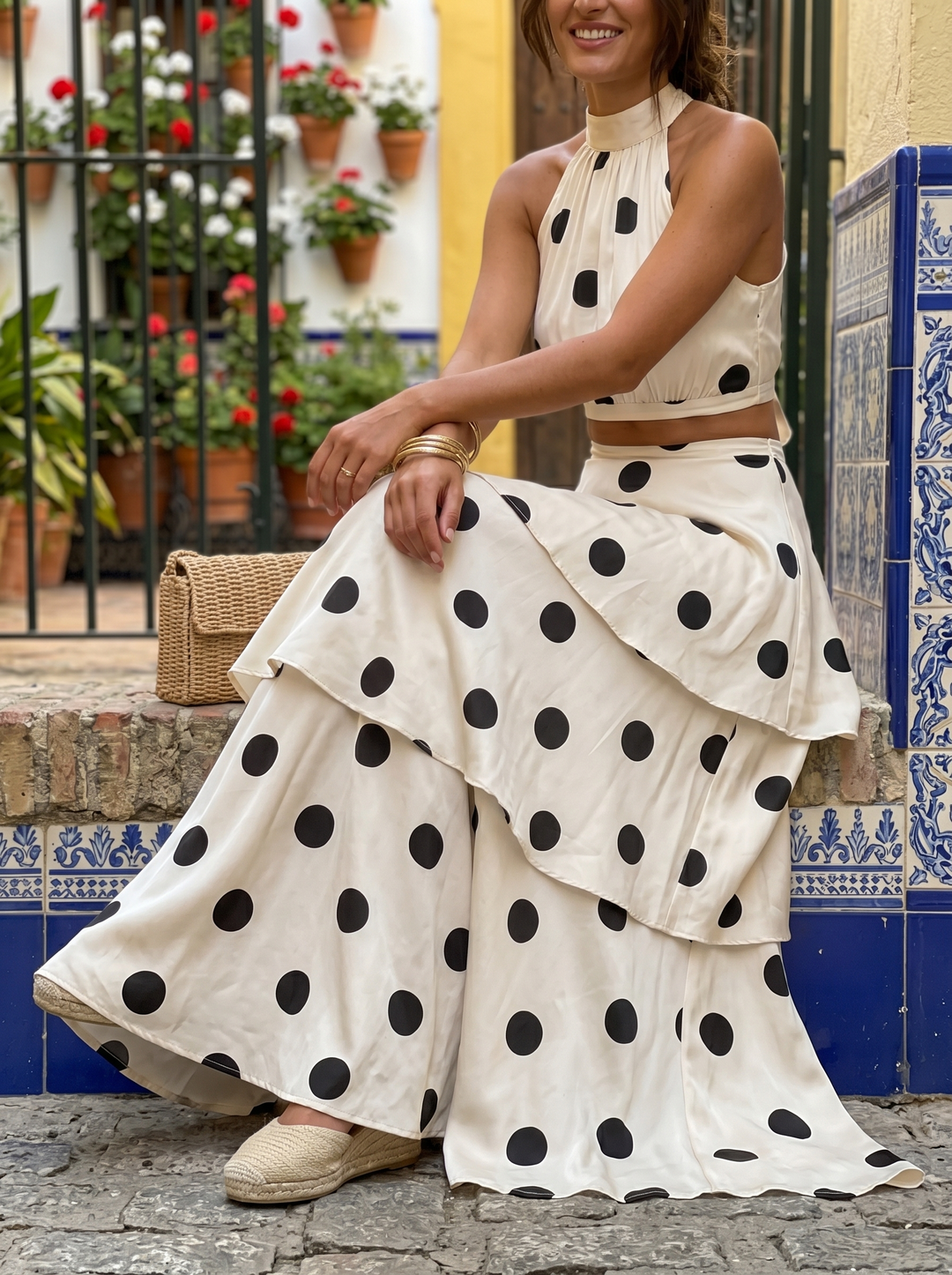 Set of top and long polka dot skirt