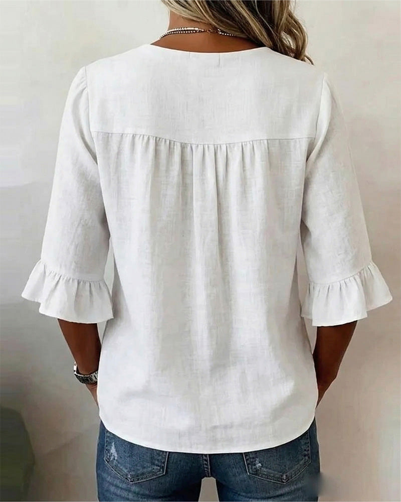 Sophia | Solid Color Cotton-Linen Blouse with Wooden Buttons and Ruffles