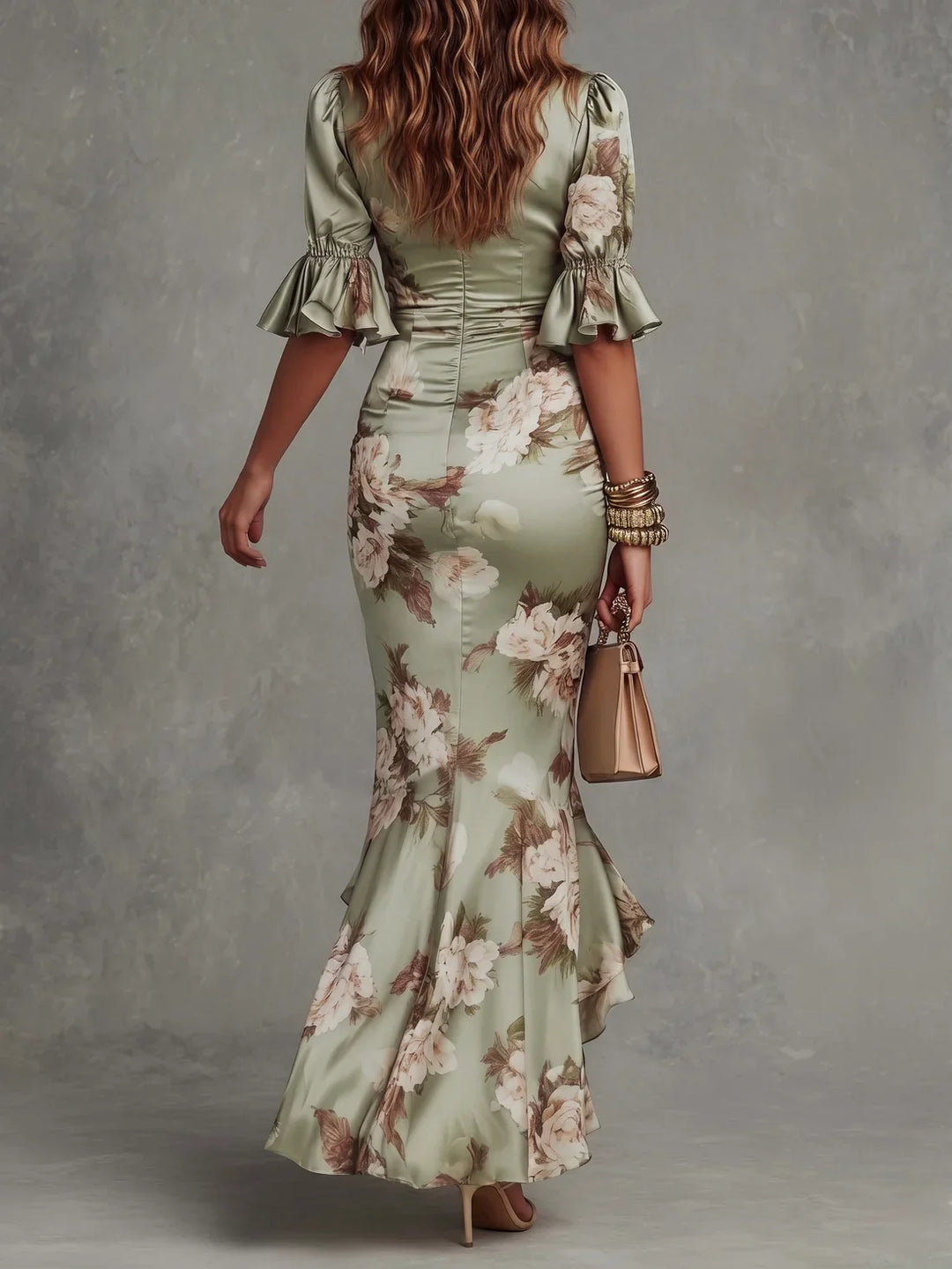 Floral Satin Ruched Maxi Dress with Ruffle Hem