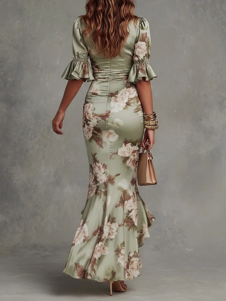 Floral Satin Ruched Maxi Dress with Ruffle Hem