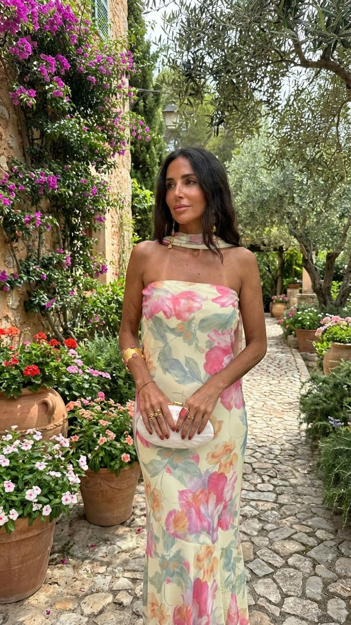 Long strapless floral watercolor dress