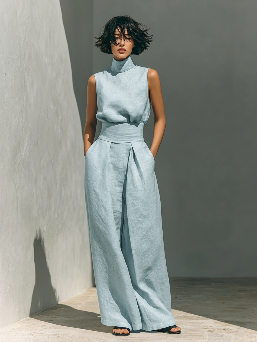 Maria™ | Complete set with sleeveless top and wide-leg cotton and linen pants