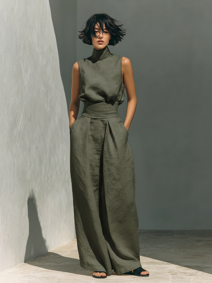 Maria™ | Complete set with sleeveless top and wide-leg cotton and linen pants