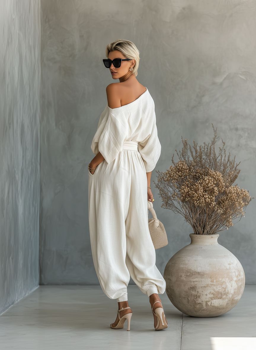 Women's Off-White Linen Set with Off-Shoulder Top and Tapered Pants