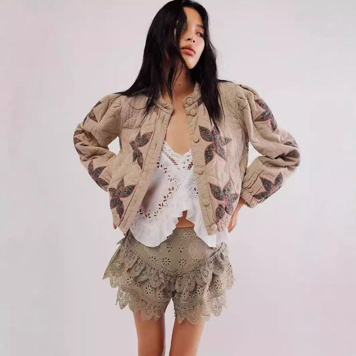 Lilia™ | Maple Leaf Patchwork Quilted Cropped Jacket