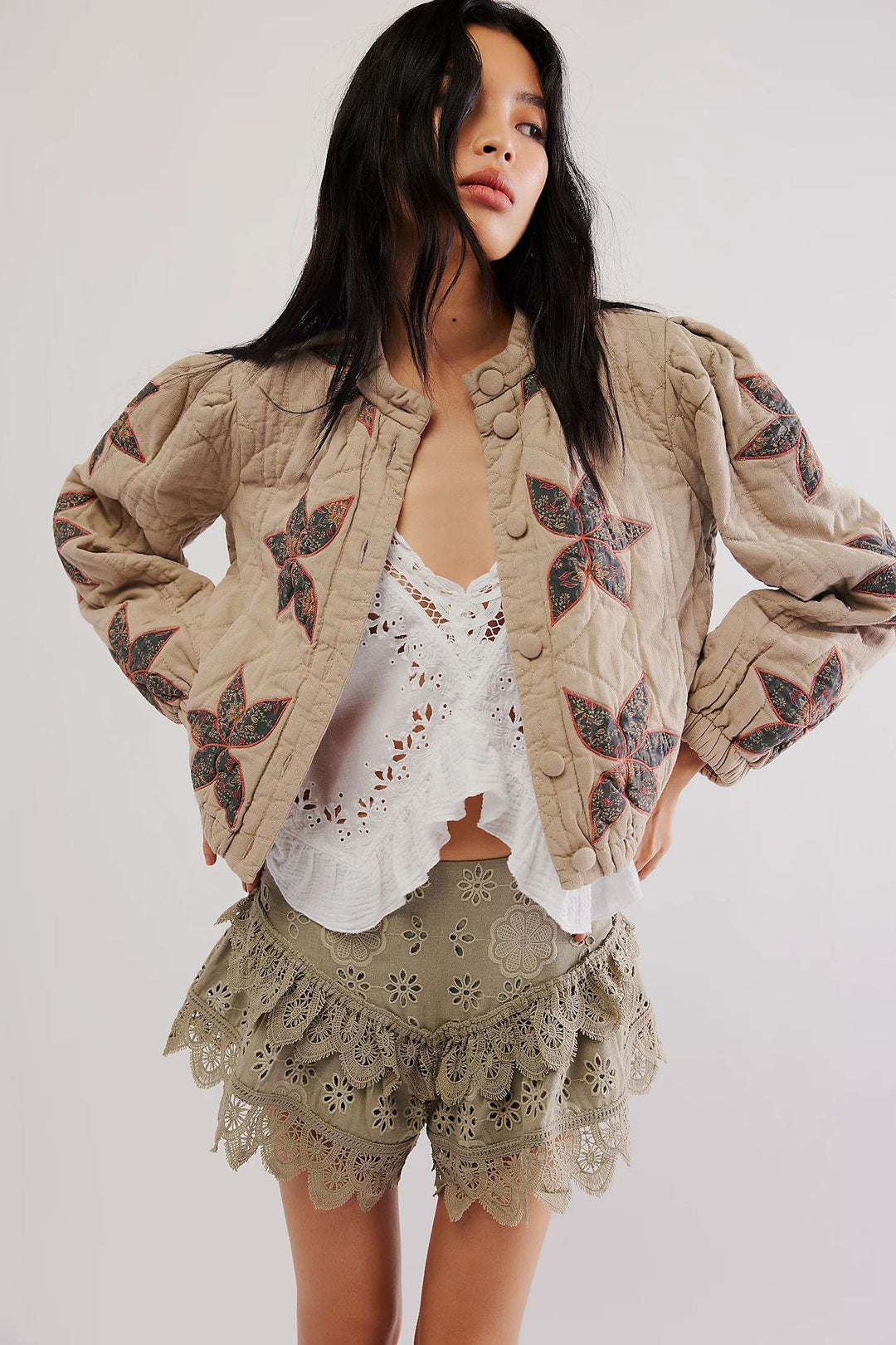 Lilia™ | Maple Leaf Patchwork Quilted Cropped Jacket
