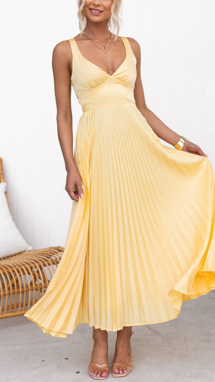 Diane | Yellow Pleated V-Neck Maxi Dress