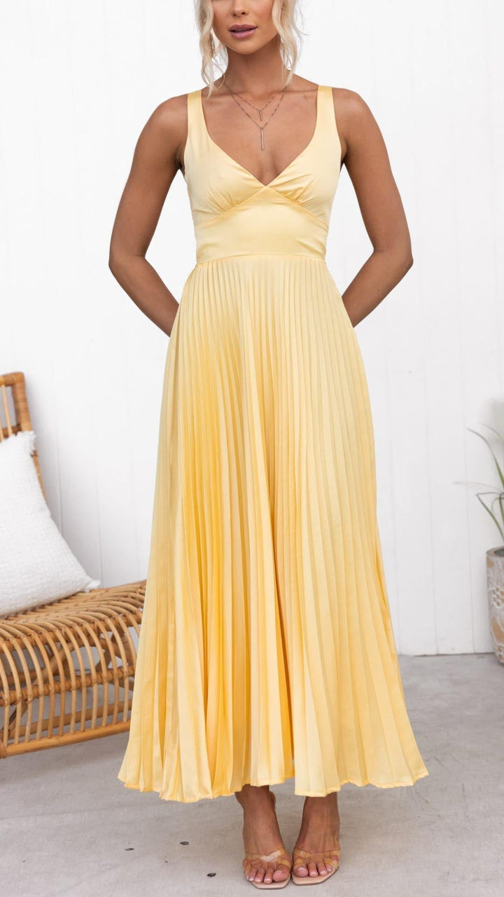 Diane | Yellow Pleated V-Neck Maxi Dress