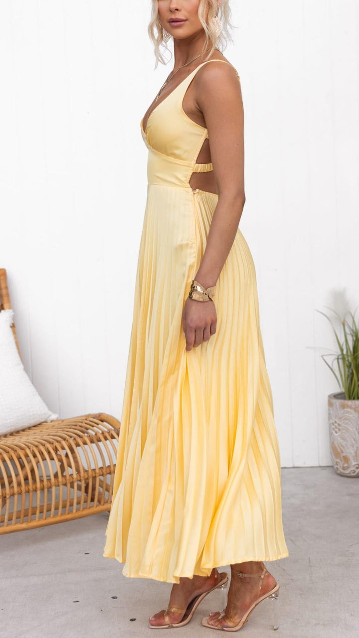 Diane | Yellow Pleated V-Neck Maxi Dress