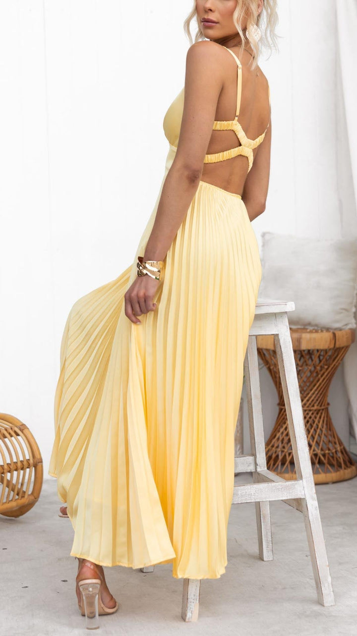Diane | Yellow Pleated V-Neck Maxi Dress