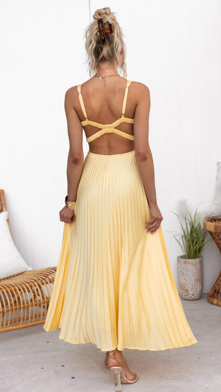 Diane | Yellow Pleated V-Neck Maxi Dress