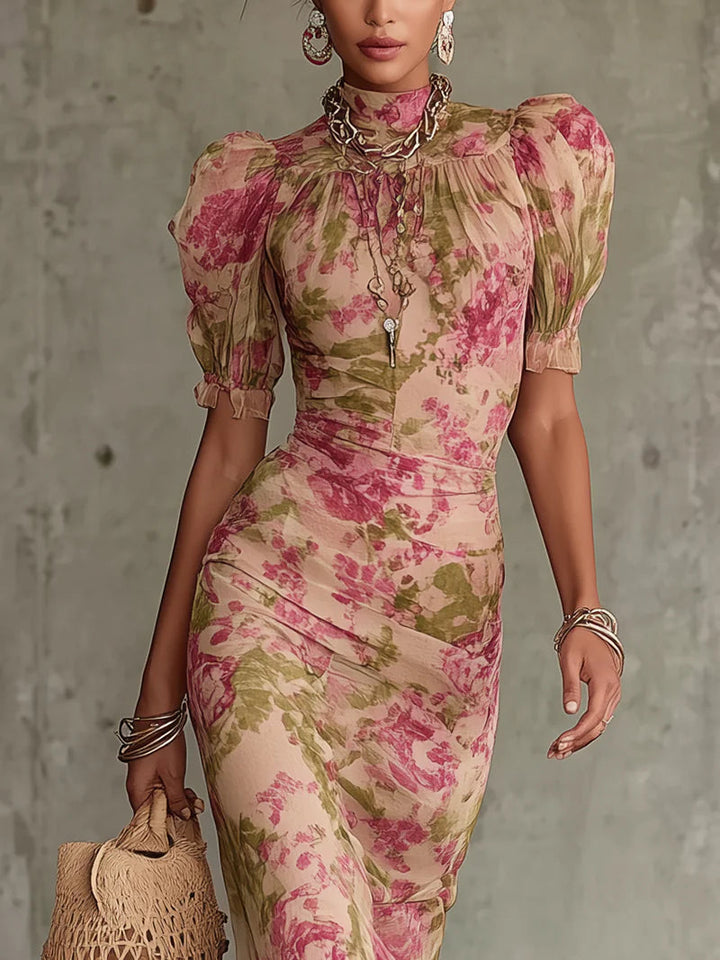Rosalind™ | Vintage Rose Puff Sleeve Maxi Dress