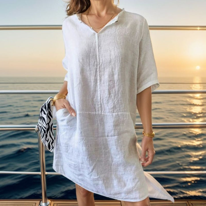 Bronwen | Dress in Cotton Linen with Lapel V-Neck