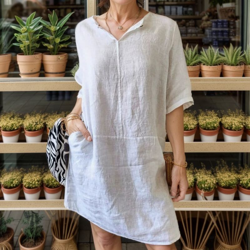 Bronwen | Dress in Cotton Linen with Lapel V-Neck