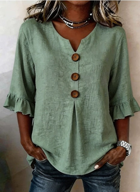 Sophia | Solid Color Cotton-Linen Blouse with Wooden Buttons and Ruffles