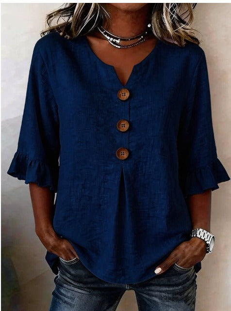Sophia | Solid Color Cotton-Linen Blouse with Wooden Buttons and Ruffles