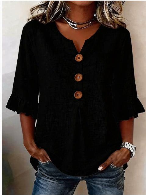 Sophia | Solid Color Cotton-Linen Blouse with Wooden Buttons and Ruffles