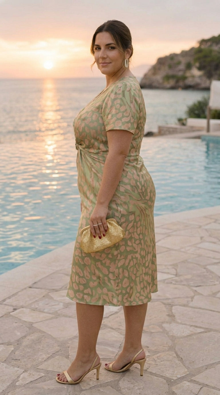 Midi dress with slimming effect, central knot, and fluid drape