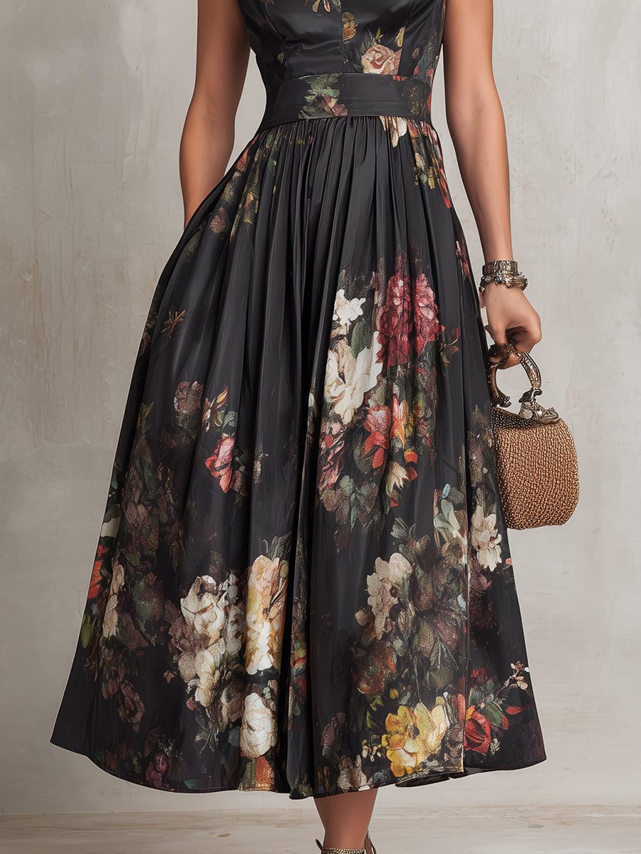 Harlow™ | Keyhole Floral Pleated Satin Midi Dress