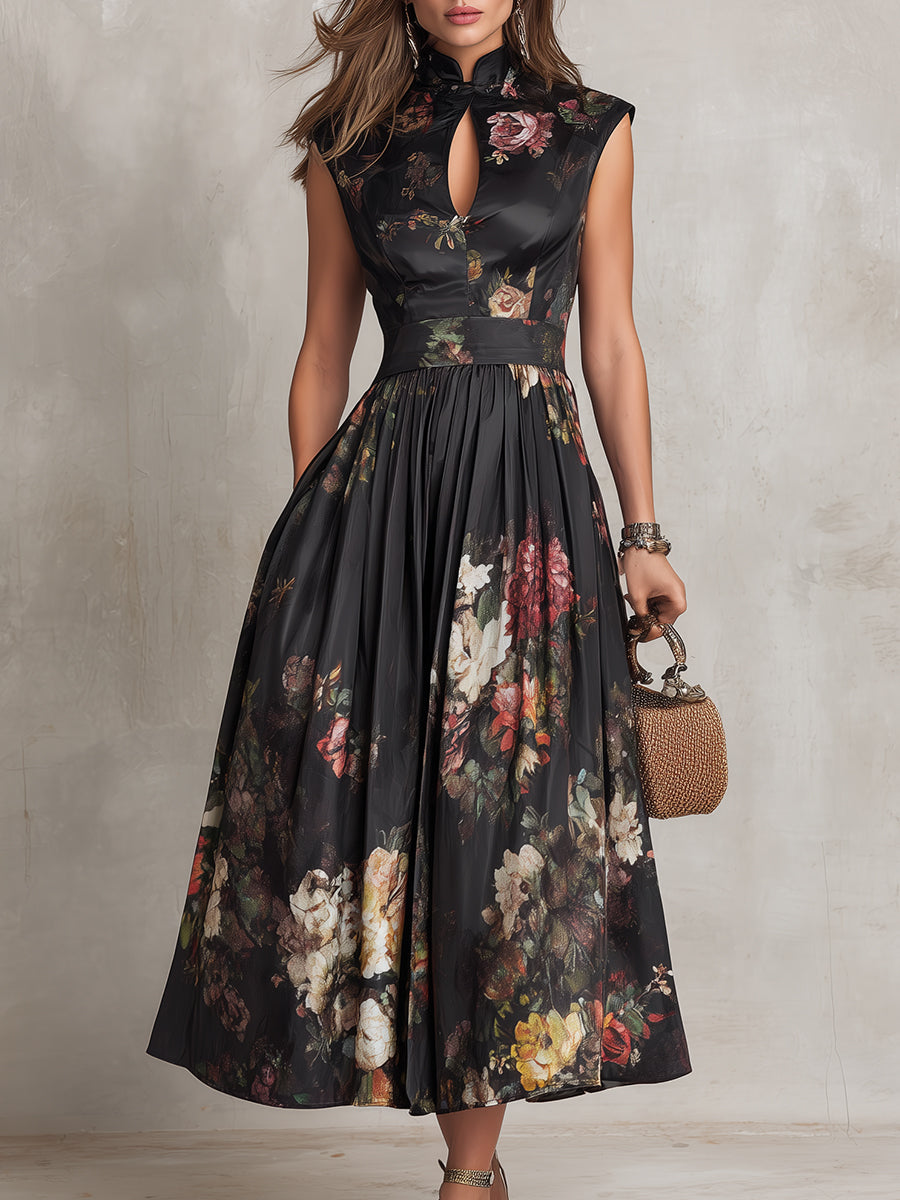 Harlow™ | Keyhole Floral Pleated Satin Midi Dress