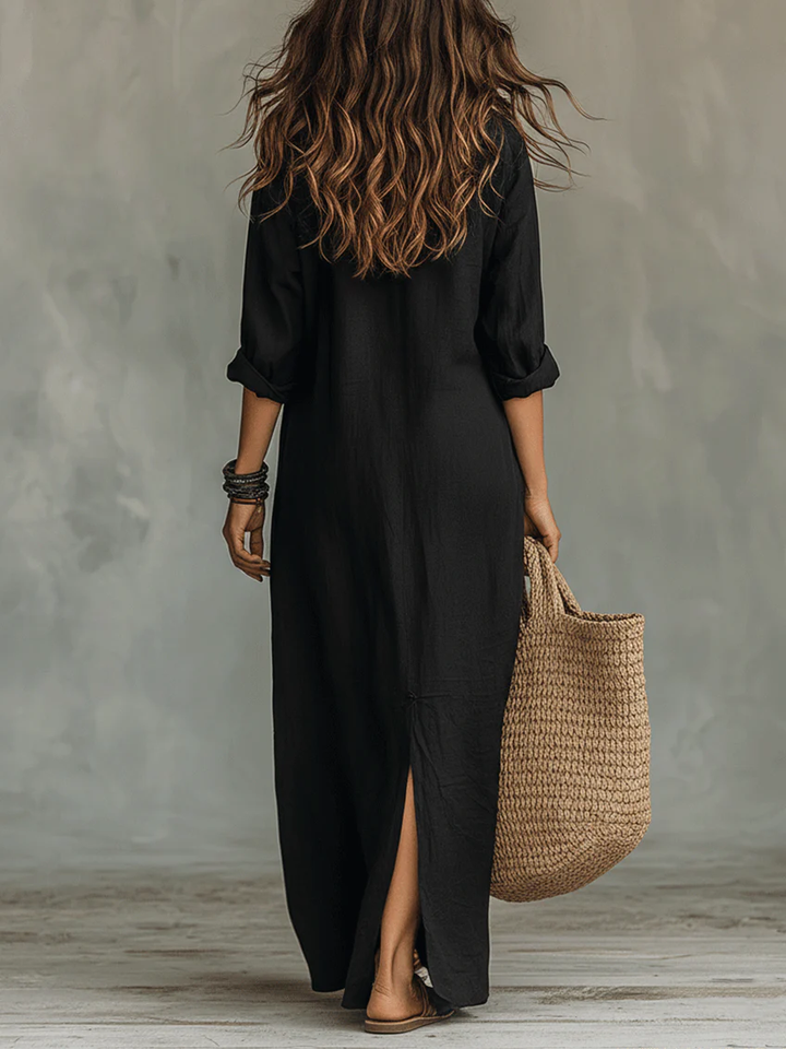 Veronica™ | Long Black Maxi Dress with Buttons