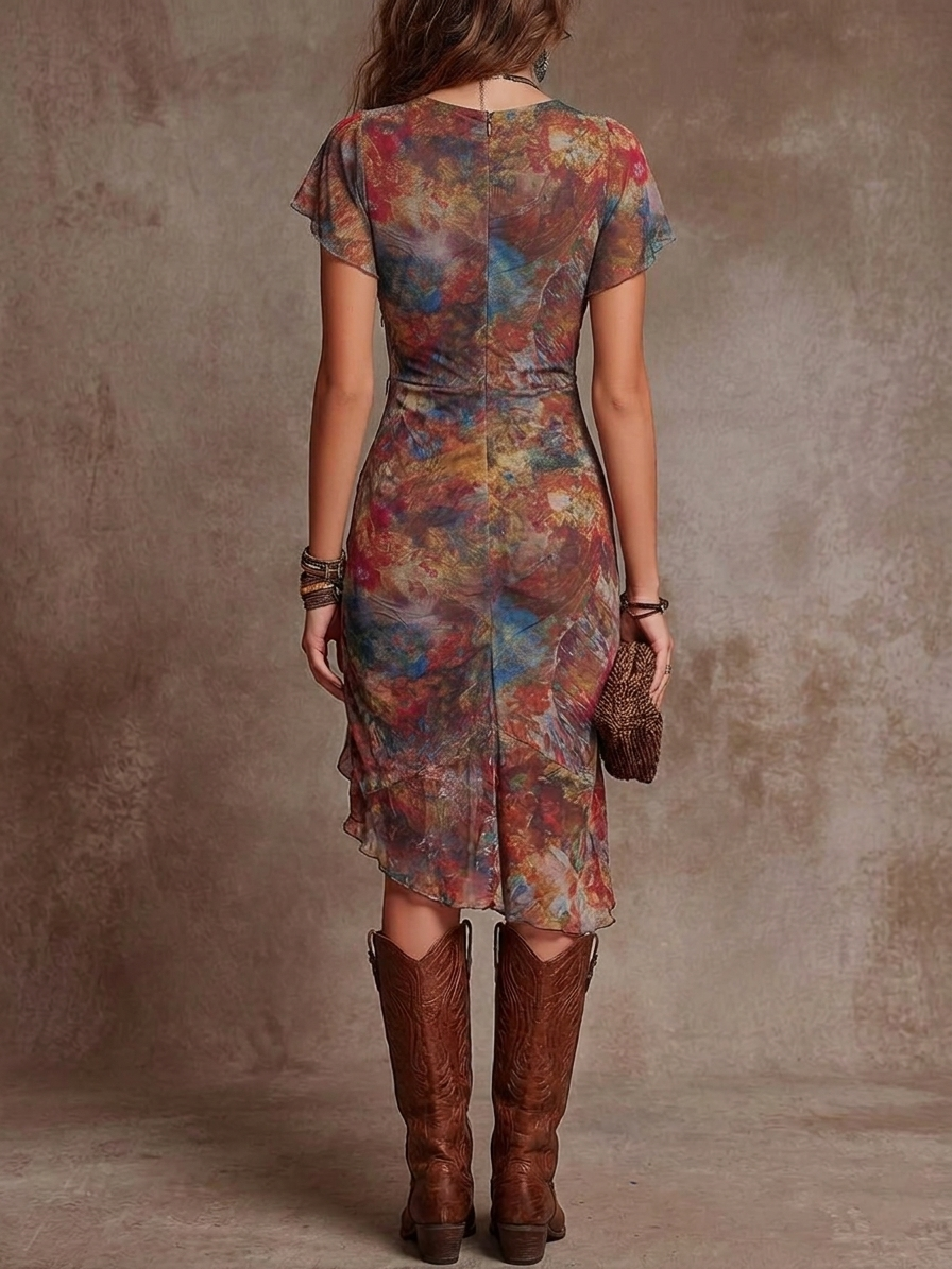 Anouk™ | Abstract Art V-Neck Pleated Midi Dress