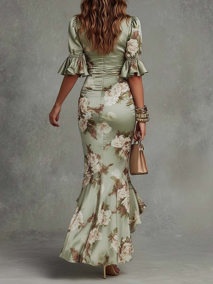 Ophelia™ | Bell-Sleeve Satin Asymmetrical Maxi Dress