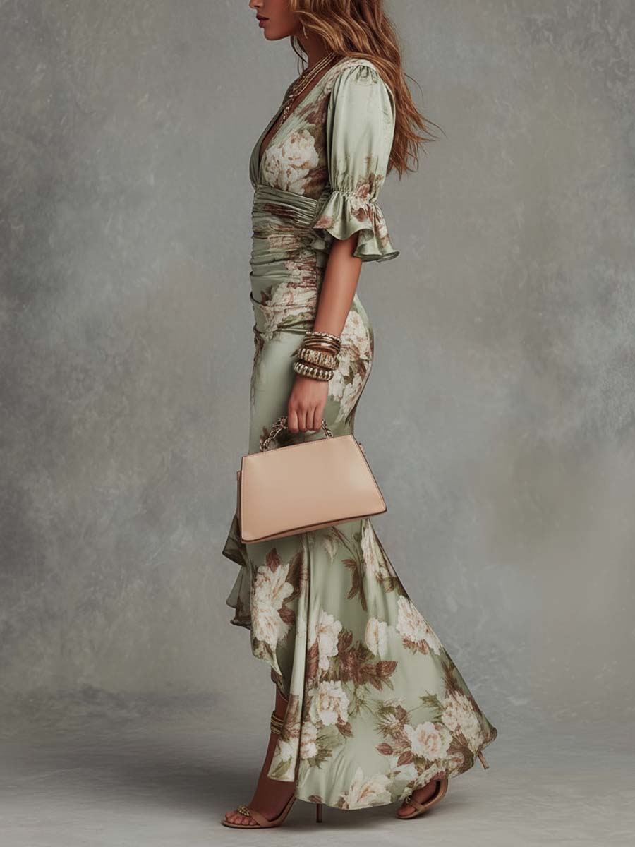 Ophelia™ | Bell-Sleeve Satin Asymmetrical Maxi Dress