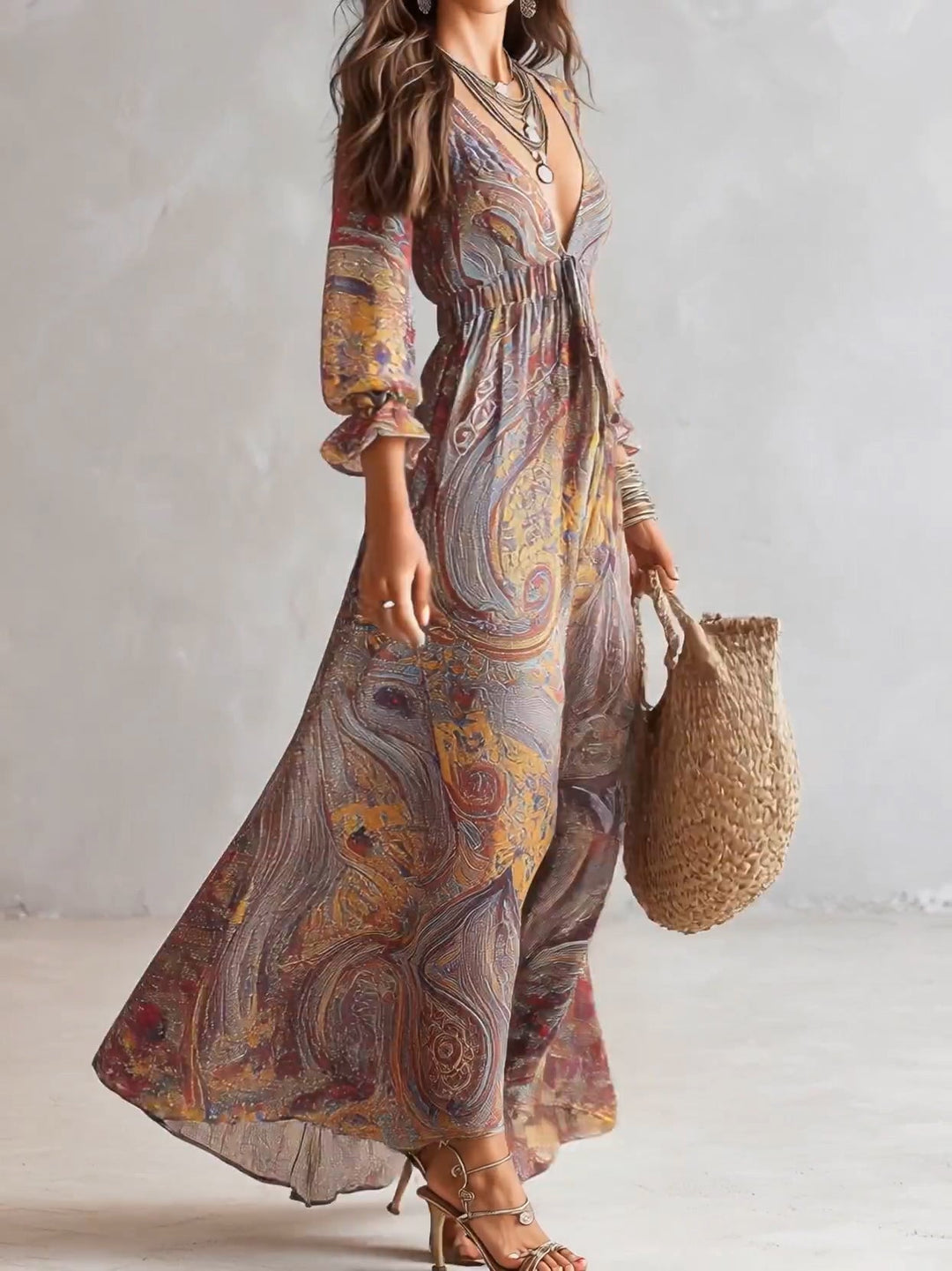 Paisley Print V-neck Gathered Chiffon Maxi Dress