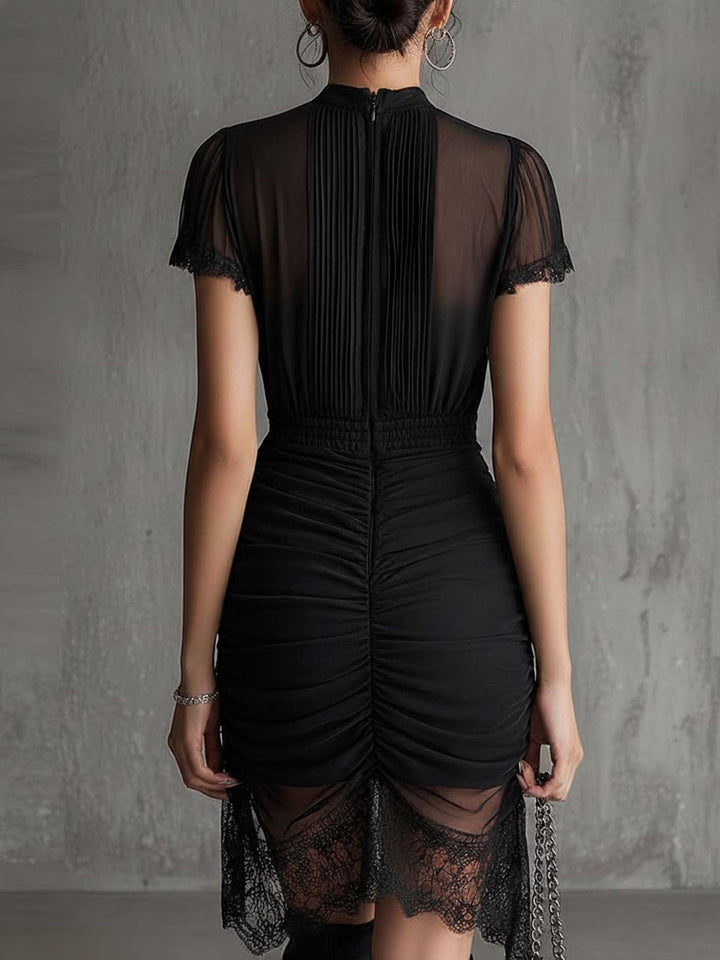 Delphine™ | Pleated Lace-Trim Chiffon Mini Dress