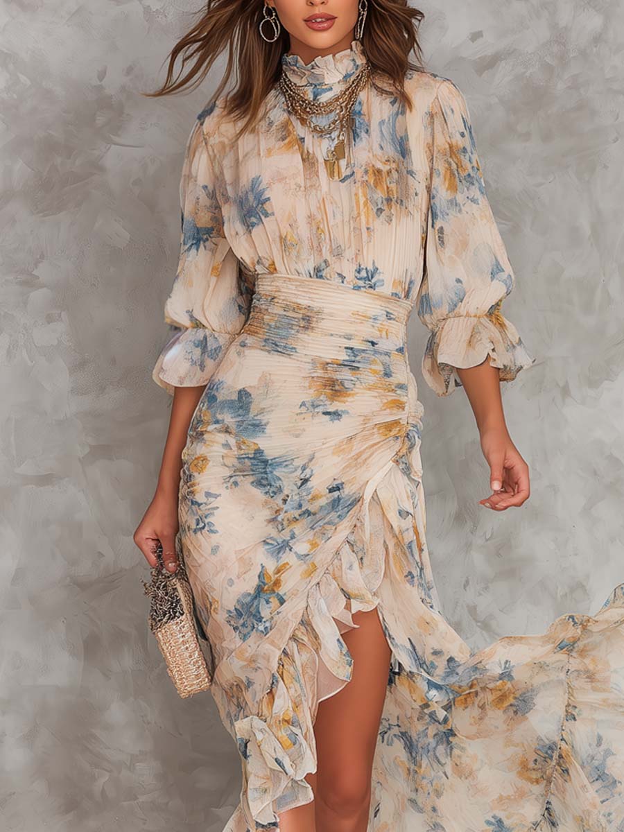 Margaux™ | Turtleneck Oil-Painting Floral Maxi Dress