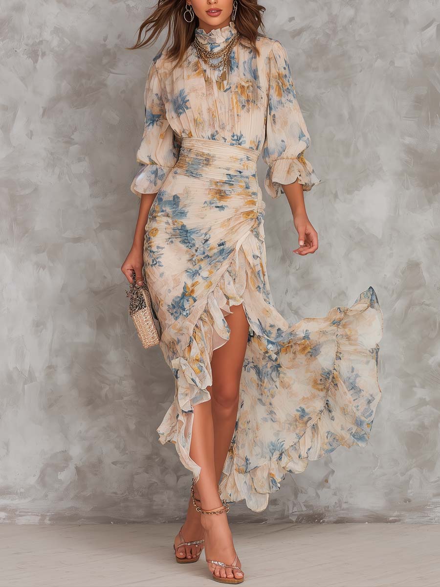 Margaux™ | Turtleneck Oil-Painting Floral Maxi Dress