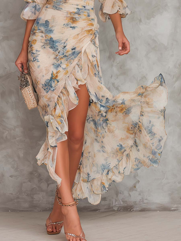 Beige Turtleneck Oil Painting Floral Print Irregular Chiffon Maxi Dress