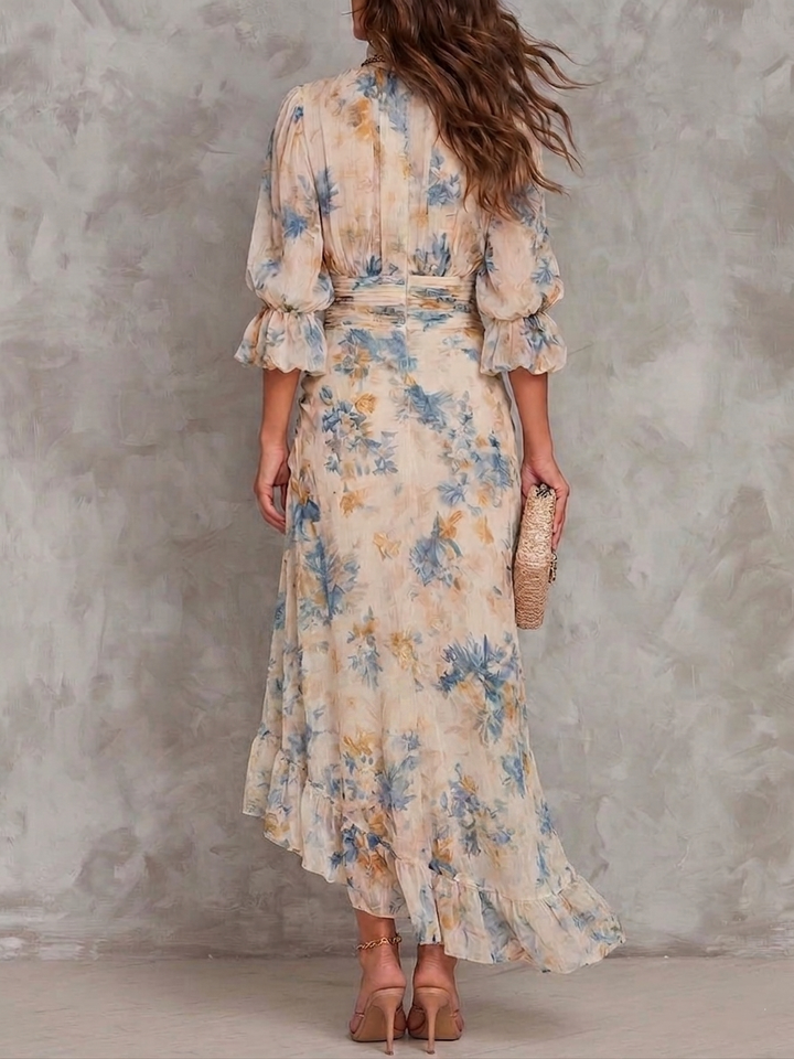 Beige Turtleneck Oil Painting Floral Print Irregular Chiffon Maxi Dress
