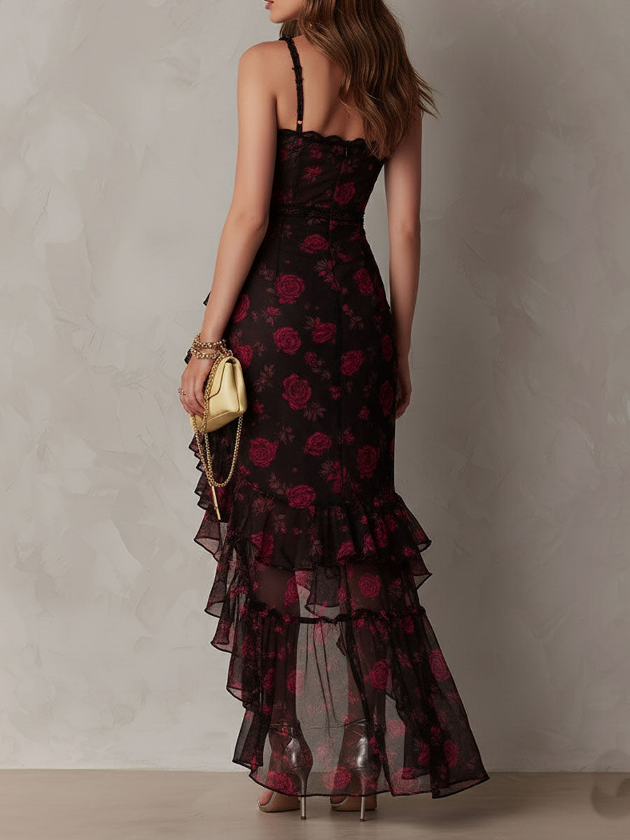Chic Black And Red Floral Ruched Ruffle Hem Dress