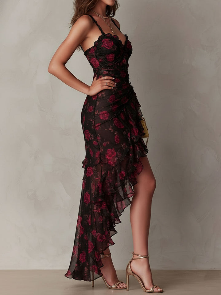 Chic Black And Red Floral Ruched Ruffle Hem Dress