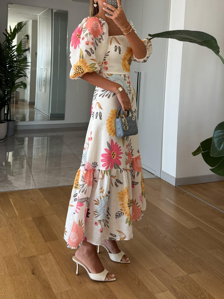 Kimple | Square Neck Floral Print Puff Sleeve Midi Dress