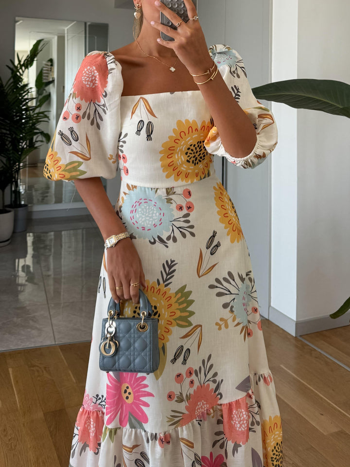 Kimple | Square Neck Floral Print Puff Sleeve Midi Dress