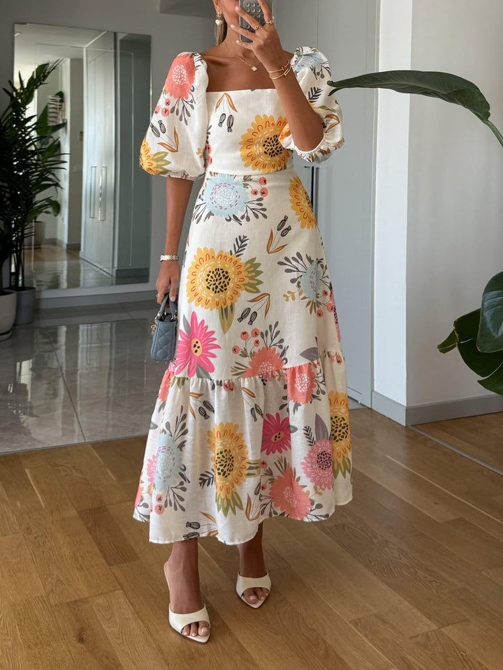 Kimple | Square Neck Floral Print Puff Sleeve Midi Dress