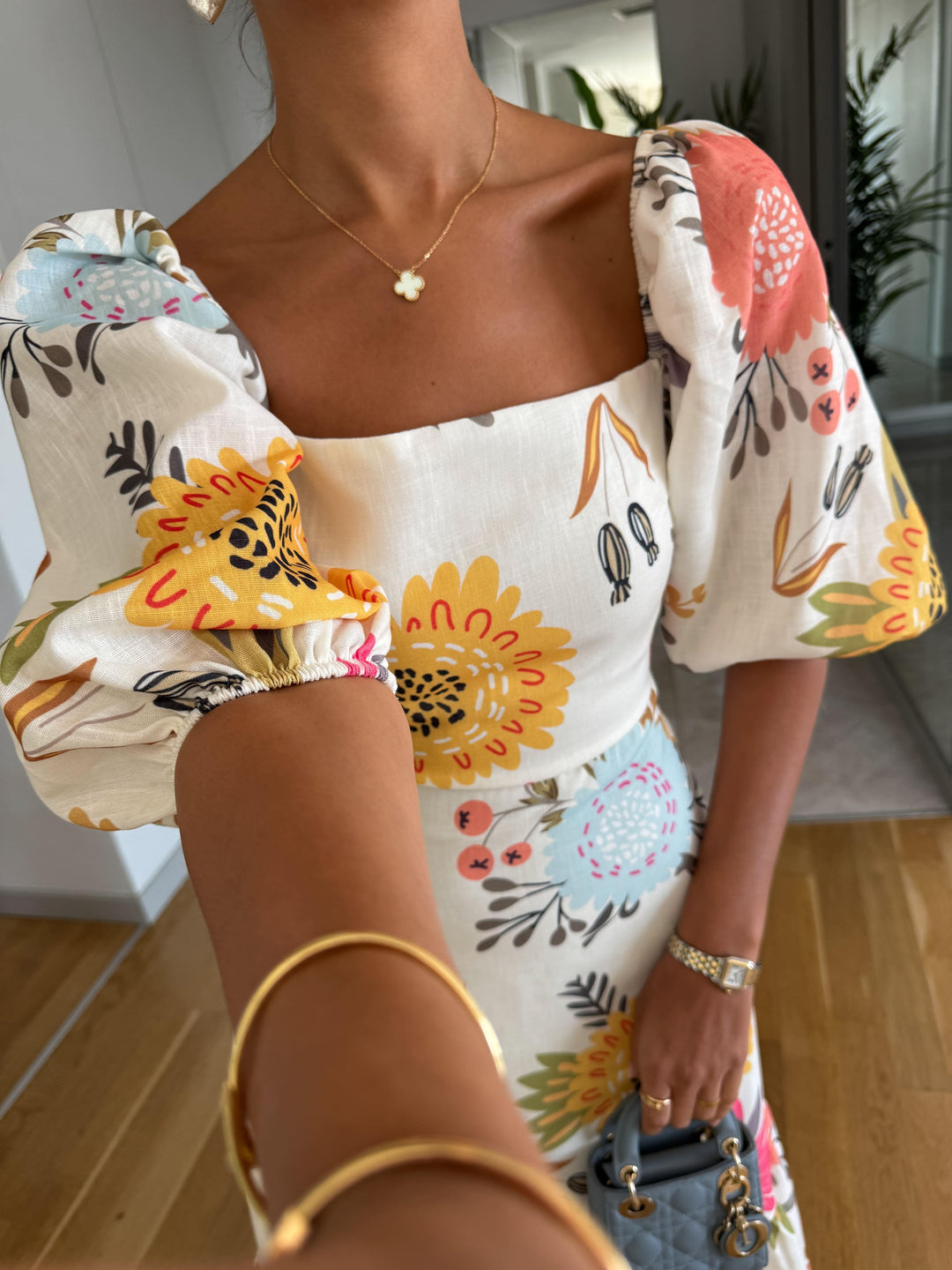 Kimple | Square Neck Floral Print Puff Sleeve Midi Dress