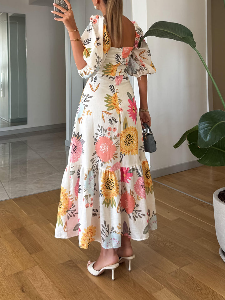Kimple | Square Neck Floral Print Puff Sleeve Midi Dress