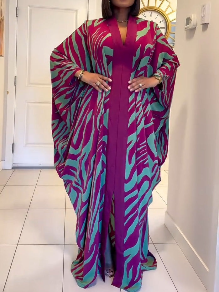 Devon |  Print V-Neck Batwing Sleeve Robe Maxi Dress